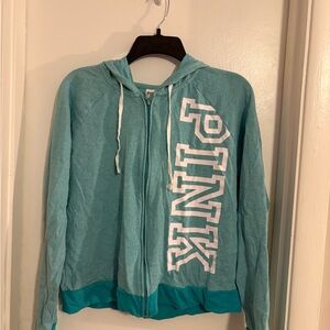 PINK Teal Zip-Up Hoodie with Bold Logo